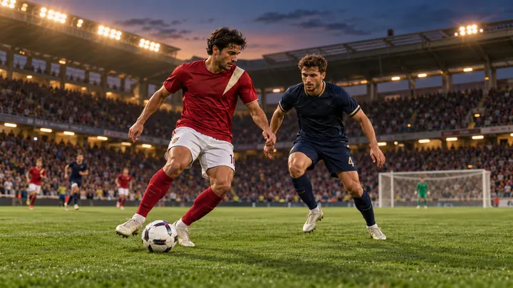 Dos futbolistas con equipaciones genéricas disputan el balón en un estadio iluminado: imagen ficticia sin equipos reales