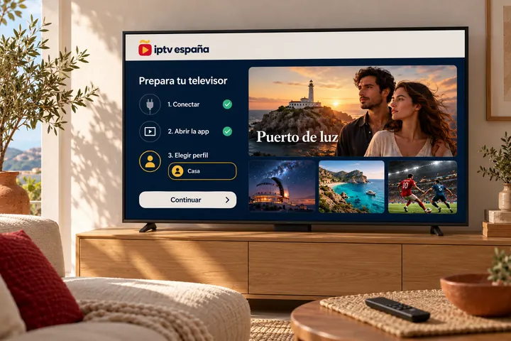 Televisor en un salón con la pantalla «Prepara tu televisor»: conectar, abrir la app y elegir perfil