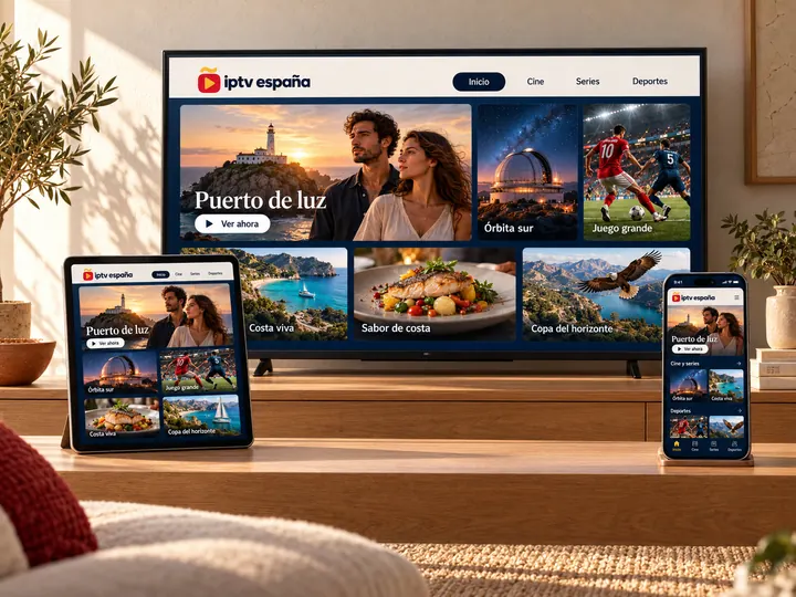 Televisor, tableta y móvil mostrando la misma interfaz de iptv españa sobre un mueble de madera