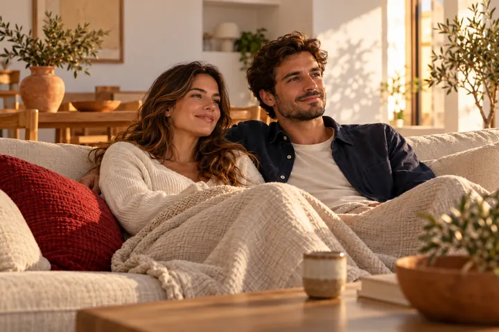 Pareja relajada en el sofá de un salón luminoso viendo la televisión al atardecer