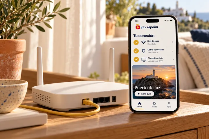 Router doméstico con cable de red junto a un móvil que muestra el estado de la conexión en la app de iptv españa