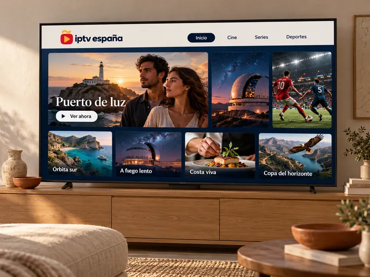 Salón luminoso de estilo mediterráneo con un televisor que muestra la portada de iptv españa con cine, series y deporte