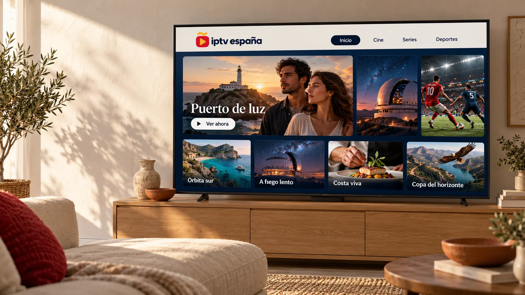 Televisor con la interfaz de iptv españa en un salón soleado con sofá, mesa de madera y plantas