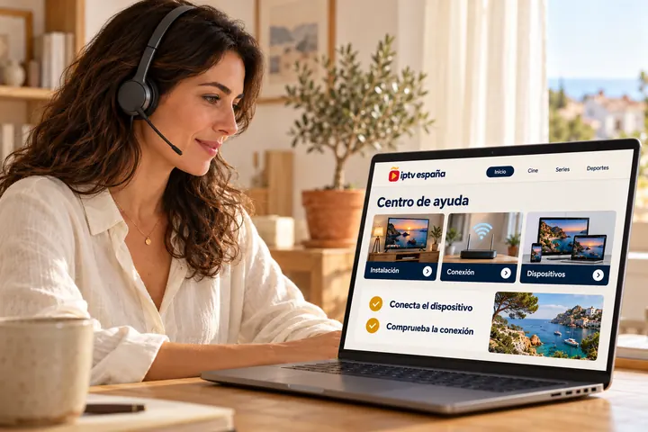 Escena ilustrativa de soporte: una persona con auriculares consulta el centro de ayuda de iptv españa en un portátil