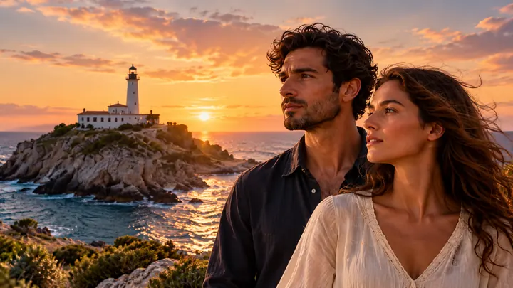 Pareja frente a un faro mediterráneo al atardecer: imagen de «Puerto de luz», título ficticio