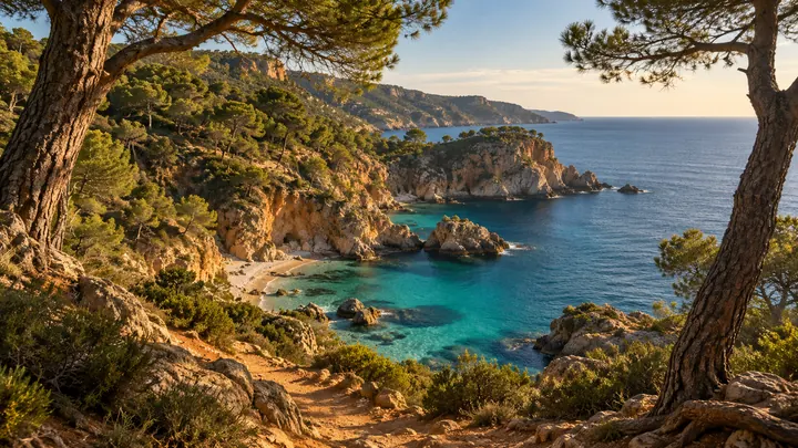 Cala de agua turquesa entre pinos y acantilados mediterráneos: imagen de «Senderos del sur», documental ficticio